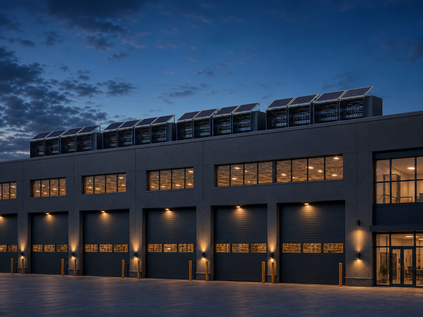 Flotier units installed along the roofline of an industrial and logistics building at dusk